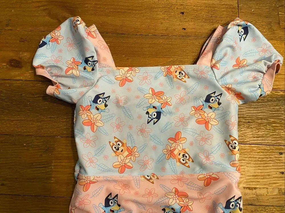 Bluey 5T girls one piece puff sleeve swimsuit pink blue Bingo